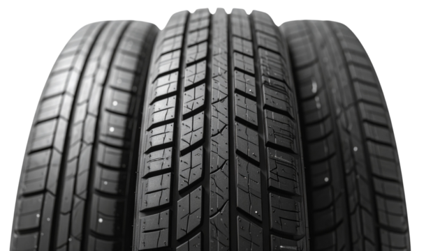 New black rubber automobile tire with a distinct tread pattern, isolated on a white background - Powered by Adobe
