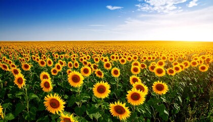 Fototapeta premium Expansive field of sunflowers under a vibrant sunset sky