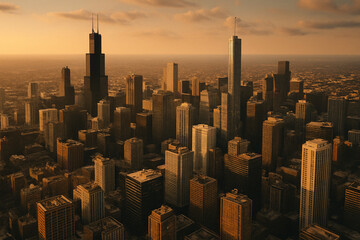 Aerial drone shot of a city skyline at golden hour, warm tones and long shadows
