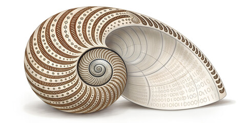 Shell icon with binary spiral symbolizes digital nature fusion and data embedded in organic design