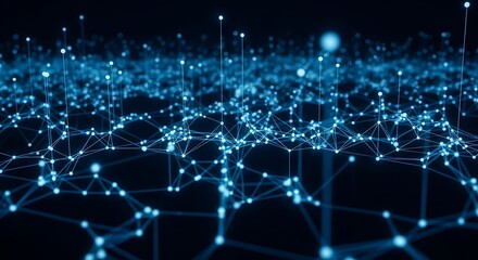 Obraz premium 3d icon of abstract network of glowing blue nodes and connections, symbolizing a digital data structure, technology, and interconnectedness in a dark space