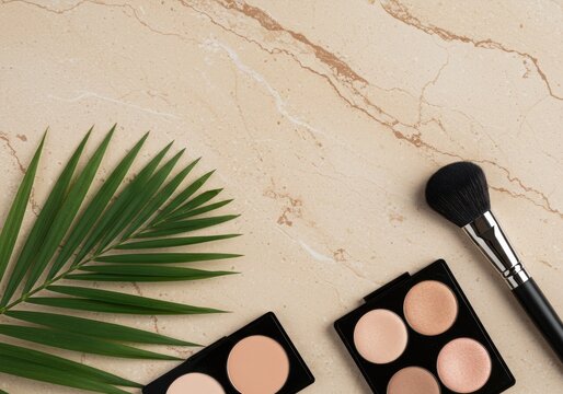 Makeup palette, brush, palm leaf on marble.  Beauty flatlay, cosmetic product