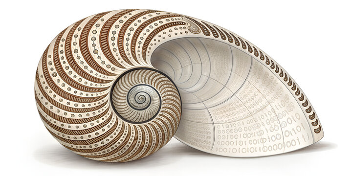 Shell icon with binary spiral symbolizes digital nature fusion and data embedded in organic design - Powered by Adobe