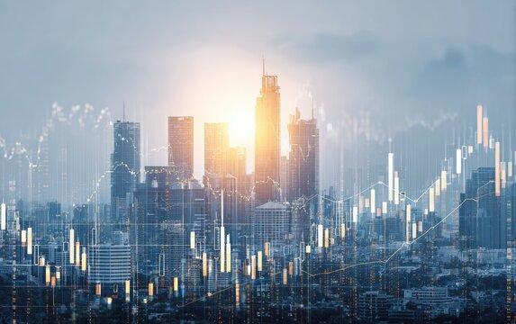 City skyline overlaid with financial charts.  Sunrise, urban