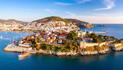 Naklejka premium Coastal town, harbor, and fortress