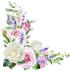 Watercolor floral corner with pink and white roses, lavender and greenery. Perfect for wedding invitations, stationery, floral branding, or home decor