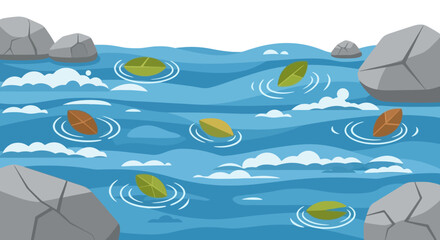 Serene river flow with colorful leaves drifting past smooth stones and gentle ripples
