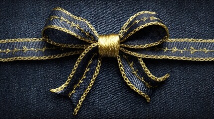 Gold-trimmed navy ribbon bow on denim fabric.