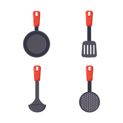Flat Vector Illustration of Kitchen Cooking Utensils with Red Handles &ndash; Frying Pan, Spatula, Ladle, and Skimmer