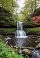 Serene waterfall cascading through a lush, vibrant, green forest environment