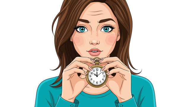 Woman thoughtfully holding vintage pocket watch, contemplating time and moments