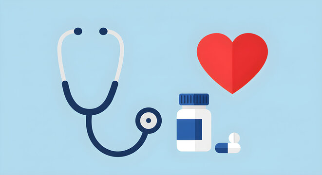 Periksa kesehatan jantung Anda hari ini dengan stetoskop, pil, dan simbol hati merah, memastikan gaya hidup sehat dan bahagia dengan perawatan medis rutin
