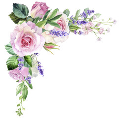 Watercolor floral corner with pink and white roses, lavender and greenery. Perfect for wedding invitations, stationery, floral branding, or home decor