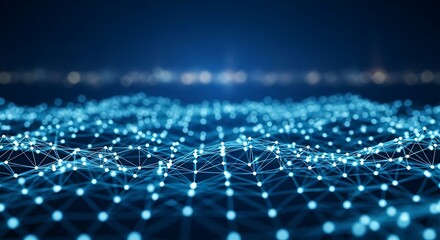 Fototapeta premium 3d icon of abstract blue digital network of glowing nodes and connecting lines, representing technology, data, and futuristic communication systems