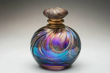 Ornate glass perfume bottle with a decorative cap.