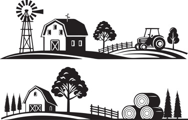 Naklejka premium Village Countryside Scene Icons Silhouettes on White Background