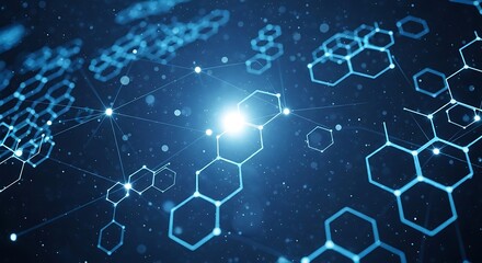 Obraz premium 3d icon of abstract scientific illustration of glowing blue molecular structures and hexagonal network connections on a dark digital background, representing science and data