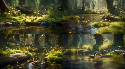 Photorealistic forest scene, tranquil pond, adorable yellow ducklings swimming, fallen log, lush green moss, vibrant yellow wildflowers, tall pine trees