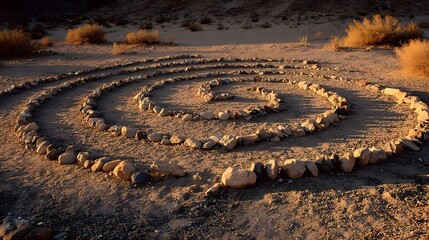 A spiral design made of stones in the desert.