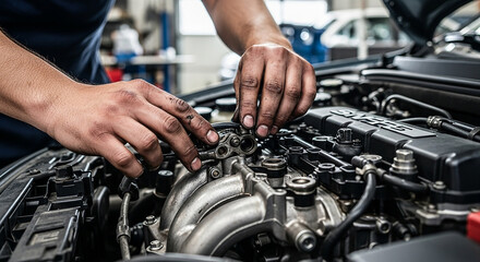Obraz premium A mechanic's hands working on a car engine, performing maintenance and repairs in a garage.
