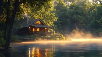 Cozy Log Cabin on a Misty Lake at Sunrise