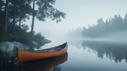 A lone canoe awaits adventure on a misty lake promising tranquility and peaceful exploration with calm water reflections