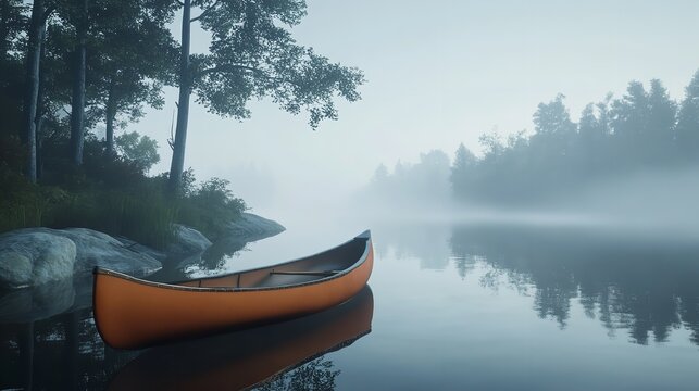 A lone canoe awaits adventure on a misty lake promising tranquility and peaceful exploration with calm water reflections