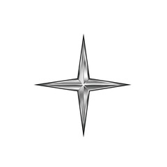 Obraz premium A shiny, four-pointed star rendered in metallic silver against a white background.