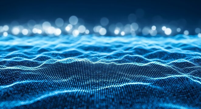 3d icon of abstract blue digital wave pattern with bokeh lights, representing data flow and technology