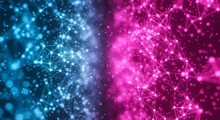 Obraz premium 3d icon of abstract digital sphere divided into blue and pink glowing interconnected particle networks, representing data and connection