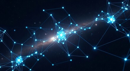 Fototapeta premium 3d icon of abstract blue glowing interconnected network of nodes and lines in space, symbolizing data, technology, and connection