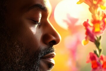 A man in profile, inhaling the fragrance of a flower.