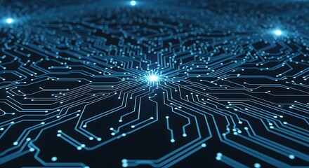 Obraz premium 3d icon of closeup of a blue circuit board with glowing lines and nodes, representing technology, data processing, and digital connections