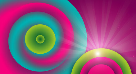 A vibrant abstract background with glowing concentric circles and swirling gradients in bright pink, green, and blue, creating a dynamic and energetic visual.