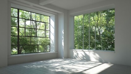 Fototapeta premium Bright, airy room with large windows showcasing lush greenery