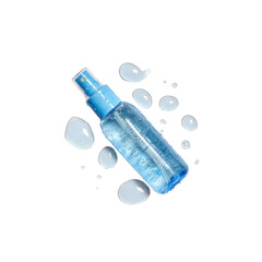 Refreshing Blue Spray Bottle with Water Droplets on Black Background