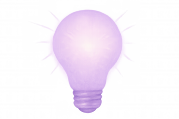 Purple light bulb glowing brightly, representing creative thinking and innovative concepts against transparent backdrop