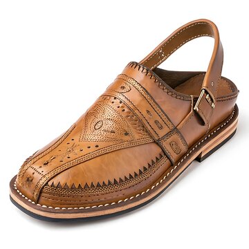 Close up view of a brown leather peshawari chappal