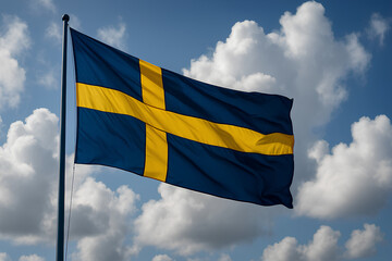 The Swedish flag flutters against a cloudy sky.
