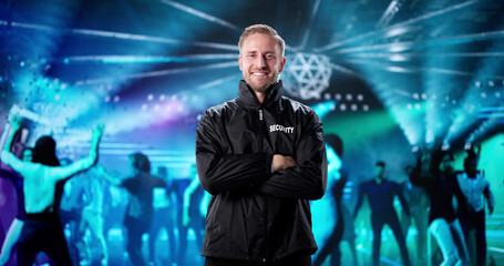 Smiling Bodyguard Keeping Watch Over The Nightclub Entrance