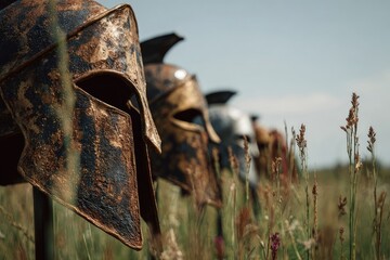 Ancient Spartan helmets in a field