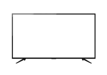 A black flatscreen TV with a white display positioned centrally against a plain white background