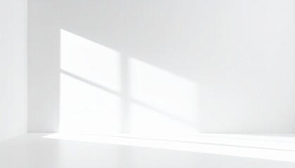 Bright empty white room interior with a large window and natural sunlight casting shadows on the pristine white wall floor, perfect minimalist background for architectural design