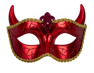 Red Devil Masquerade Mask with Intricate Maroon Detailing, Front View