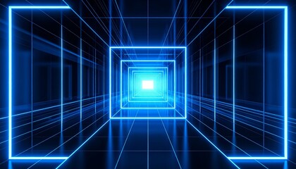 Mysterious glowing doorway with vibrant pink and blue neon lights illuminating a dark, empty room, suggesting futuristic portal to another dimension or cinematic scifi entrance.