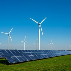Renewable energy power station with wind turbines and solar panels under clear blue sky
