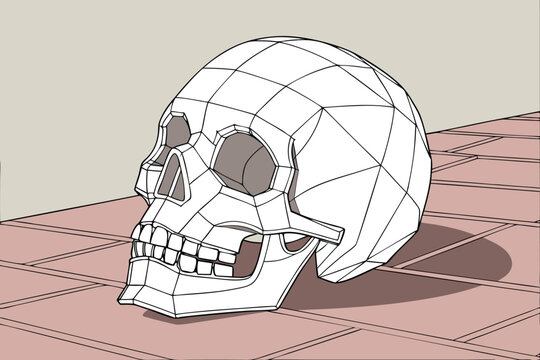 Wireframe Human Skull on a Tiled Surface with Shadow 3D model geometric