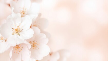 Fototapeta premium Elegant white cherry blossom flowers with delicate petals blooming in spring against a soft pastel pink background, symbol of natural beauty and renewal for serene floral concepts.