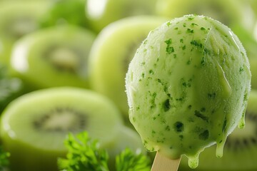Close-up of a kiwi-flavored ice cream on a stick.