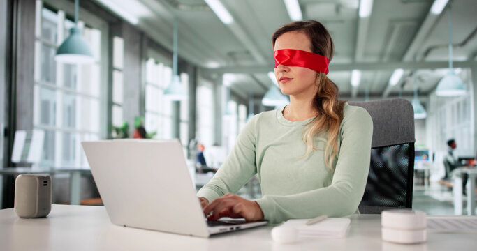Frustrated Woman With Blindfold Enthusiastically Taking Notes